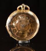 Unnamed 14ct gold open faced pocket watch with blued hands, gold Arabic numerals, engraved gold dial