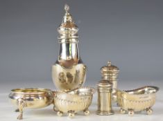 Hallmarked silver condiments comprising sugar sifter, two peppers and three open salts including a