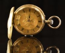 Unnamed 18ct gold keyless winding half hunter pocket watch with blued hands, black Roman numerals,