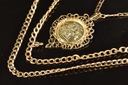 Three 9ct gold curb link chains and a 9ct gold pendant, 11.7g