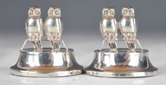 Pair of George V hallmarked silver novelty owl place card holders, Birmingham 1910, maker Levi &