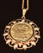 1911 gold full sovereign in 9ct gold pendant mount (10.5g) on 9ct gold chain, 3.1g, 42cm