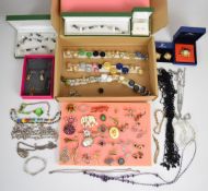 A collection of jewellery including silver chain, silver earrings, micro mosaic and vintage