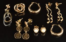 Four pairs of 9ct gold earrings including hoops, Chinese character and pearls and two single 9ct
