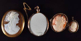 Two 9ct gold brooches each set with a cameo, a 9ct gold locket and a 9ct gold pendant set with a