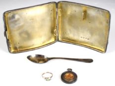 Hallmarked silver cigarette case, hallmarked silver teaspoon and a 1938 hallmarked silver Griffin