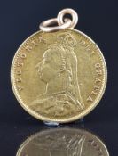 1887 Queen Victoria Jubilee gold half sovereign with pendant loop, 4.3g