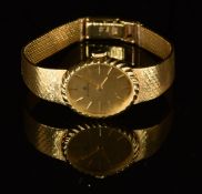 Bucherer 18ct gold ladies wristwatch with gold hands, baton hour markers and dial, rope twist case