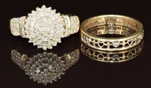 A 9k gold ring set with diamonds in a cluster (size O) and a 9ct gold ring set with diamonds in a