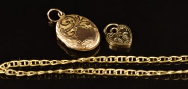 An 18ct gold bracelet (3.1g), 9ct gold locket with scrolling decoration (Birmingham 1909) and 9ct