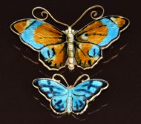 Two David Andersen silver butterfly brooches set with guilloché enamel, 20g, 6 & 3.6cm