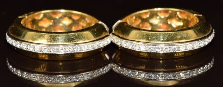 A pair of 18ct gold hoop earrings set with diamonds, 19.1g