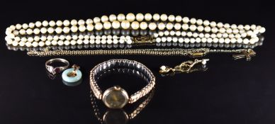 A 9ct gold cross and chain (0.8g), 9ct gold cased Rotary watch, Victorian ring set with foiled