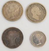 Four small 19thC silver coins comprising 1843 three half pence, VF, 1855 fourpence VF, a further