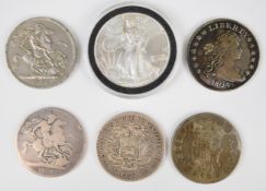 Georgian and later crown size world coinage comprising 1821 George IIII crown, 1951 George VI crown,