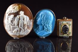 A 9ct gold cameo brooch, enamel and cameo locket and a resin cameo