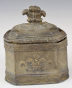18thC lead tobacco box with decoration in relief, inner tamper lid and fleur de lys finial, height