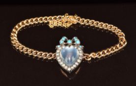 Victorian 9ct gold bracelet set with a heart cut moonstone surrounded by seed pearls and