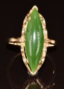 A 14k gold ring set with a marquise cut nephrite jade cabochon, 4.8g, size L