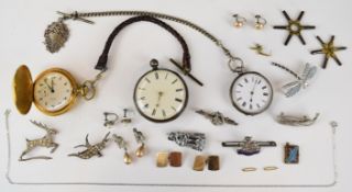 Two silver brooches, two silver pocket watches including one by Richard Cole, Ipswich, silver fob,
