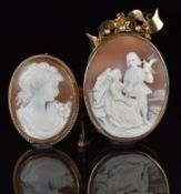 A 9ct gold brooch set with a cameo and yellow metal brooch set with a cameo and pearls suspended