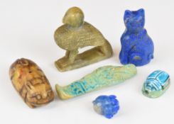 Egyptian faience shrabti, scarab beetle, bird etc., tallest 8cm