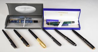 Parker and other pens and pencils including stainless steel fountain pen and pencil pair, blue