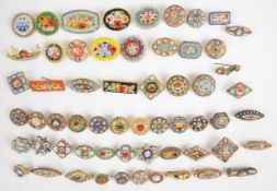 Fifty-six micro mosaic brooches including 'Malta', two 'Venezia' and 'Roma', mainly c1900