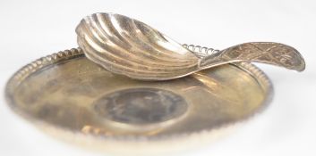 Georgian hallmarked silver caddy spoon, London 1795, together with an Indian silver pin dish set
