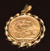 1913 George V gold full sovereign, in 9k gold pendant mount, 9.6g