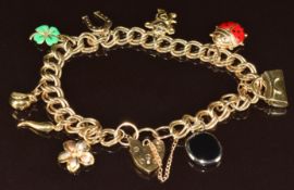 A 9ct gold charm bracelet with eight 9ct gold charms including ladybird, horseshoe, four leaf
