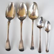 Five various Georgian hallmarked silver spoons to include a pair of fiddle pattern dessert spoons