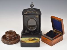 Bijouterie items including 19thC papier maché snuff box with rooster and hen decoration 'For