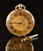 Martin & Co of Cheltenham engraved 18ct gold open faced pocket watch with blued hands, black Roman