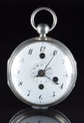 Unnamed silver open faced pocket watch with alarm, blued Breguet hands, black Arabic numerals, white