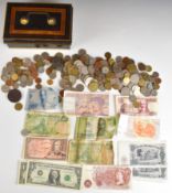 A collection of largely overseas coinage, small silver content, gold tooth crown etc, together
