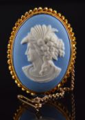 A 9ct gold brooch set with an Adams ceramic cameo plaque, 11.2g, 3 x 3.8cm