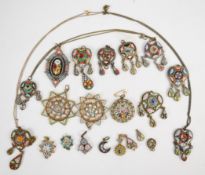 Ten c1900 micro mosaic pendants and eight heart shaped micro mosaic pendants with drop sections