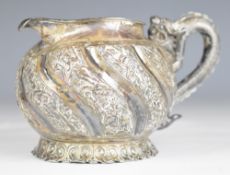 Wang Hing or similar style Chinese silver jug with embossed decoration of bamboo, figures on