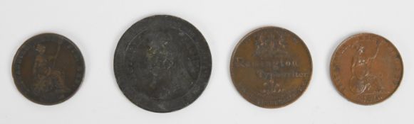 Four Queen Victoria copper coins comprising Jubilee 'Far Famed Cakes and Biscuits' commemorative