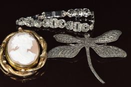 Victorian cameo, silver and marcasite dragonfly and a marcasite bracelet