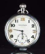 Jaeger LeCoultre keyless winding open faced military pocket watch with subsidiary seconds dial,