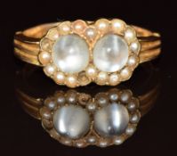 A 15ct gold ring set with two moonstone cabochons surrounded by seed pearls (two missing), Chester