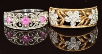 A 9k white gold ring set with pink sapphires and topaz in a pierced setting and a 9ct gold ring