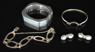 Mexican silver bangle, another silver bangle, pair of silver earrings set with labradorite and a