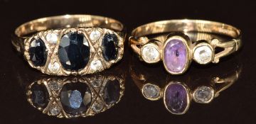 Two 9ct gold rings, one set with sapphires and the other amethyst and cubic zirconia, 4.2g, sizes