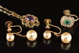 A 9ct gold pendant set with an amethyst, with chain, 9ct gold earrings set with faux pearls and a