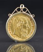 1870 Leopold II Belgian 20 Franc gold coin in 9ct gold pendant mount, 7.8g