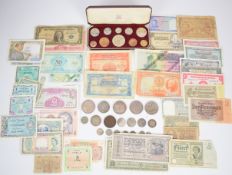 Collection of all world banknotes and coins including French, Dutch, German and Japanese war
