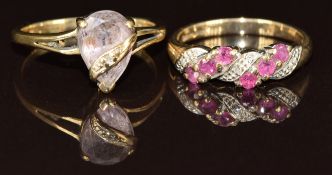 Two 9ct gold rings, one set with an amethyst and diamond and the other rubies and diamonds, 4.8g,